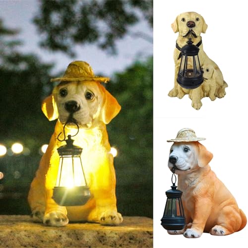 Resin Dog Statues with Straw Hat and Solar Led Lantern Q19478