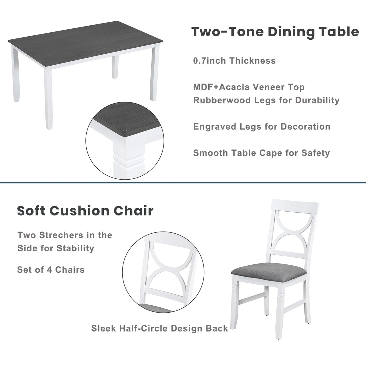 6 Piece Dining Table Set with 4 Chairs and Upholstered Bench Z404
