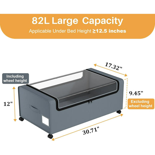 12 inch Under Bed Storage Bins with Clear Lid, Wheels, 2 Pack, Grey, 30.7x17.3x12 C2884