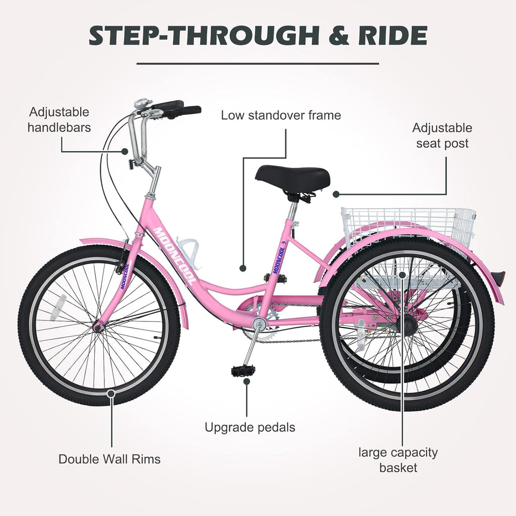 24 Inch Single Speed 3 Wheel Bicycle with Shopping Basket D875729
