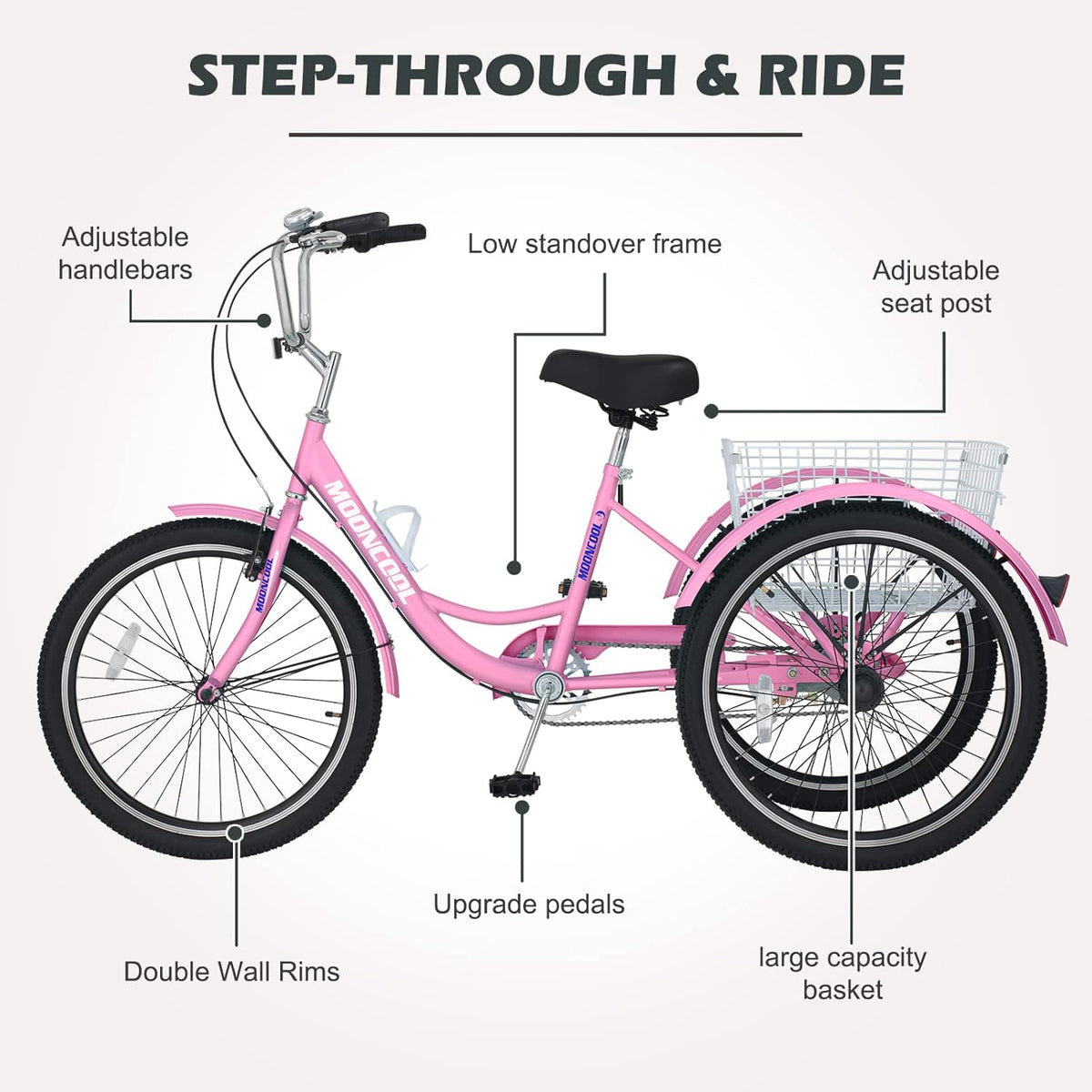 24 Inch Single Speed 3 Wheel Bicycle with Shopping Basket D875729