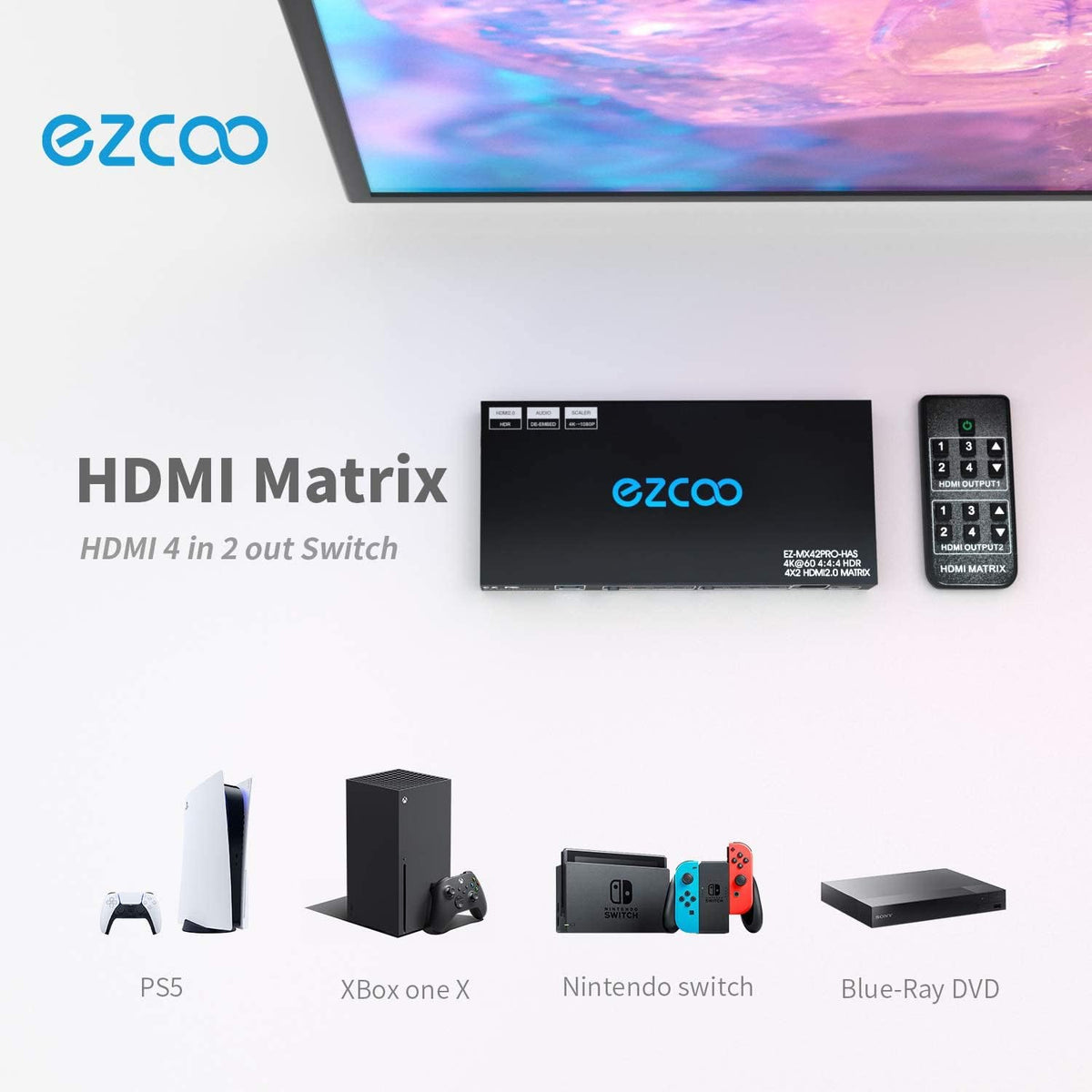 HDMI Matrix 4 In 2 Out 4K 60Hz HDR 10 SPDIF 5.1CH Audio Extractor M604