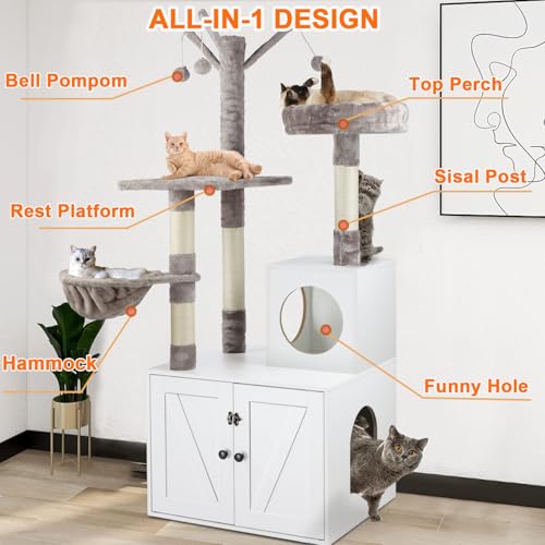 2-in-1 Wooden Cat Tree Tower with Litter Box Enclosure P48294