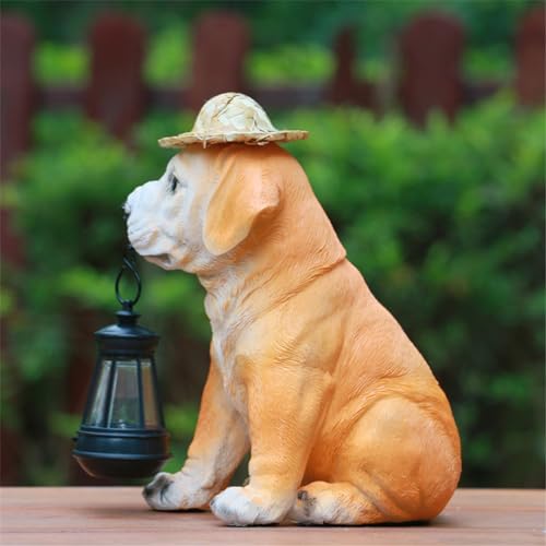 Resin Dog Statues with Straw Hat and Solar Led Lantern Q19478