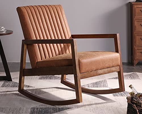 Leather Rocking Chair with Padded Seat Wood Frame Dark Brown PU M686827