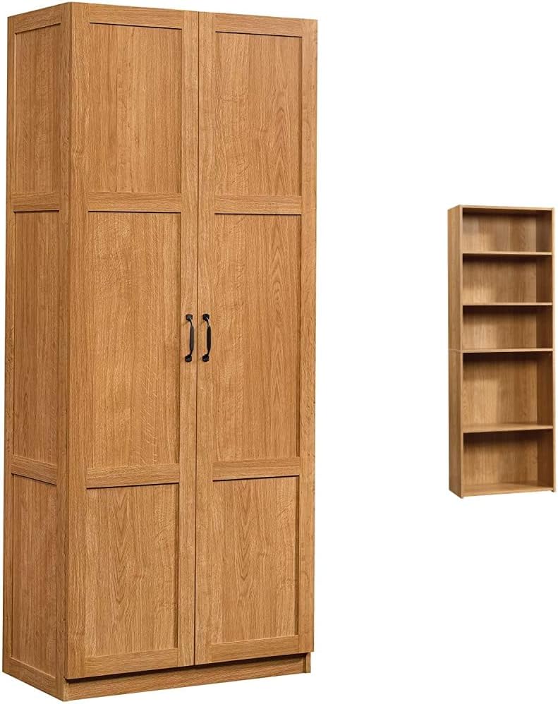 Highland Oak Pantry Cabinet and 5 Shelf Bookcase L6350