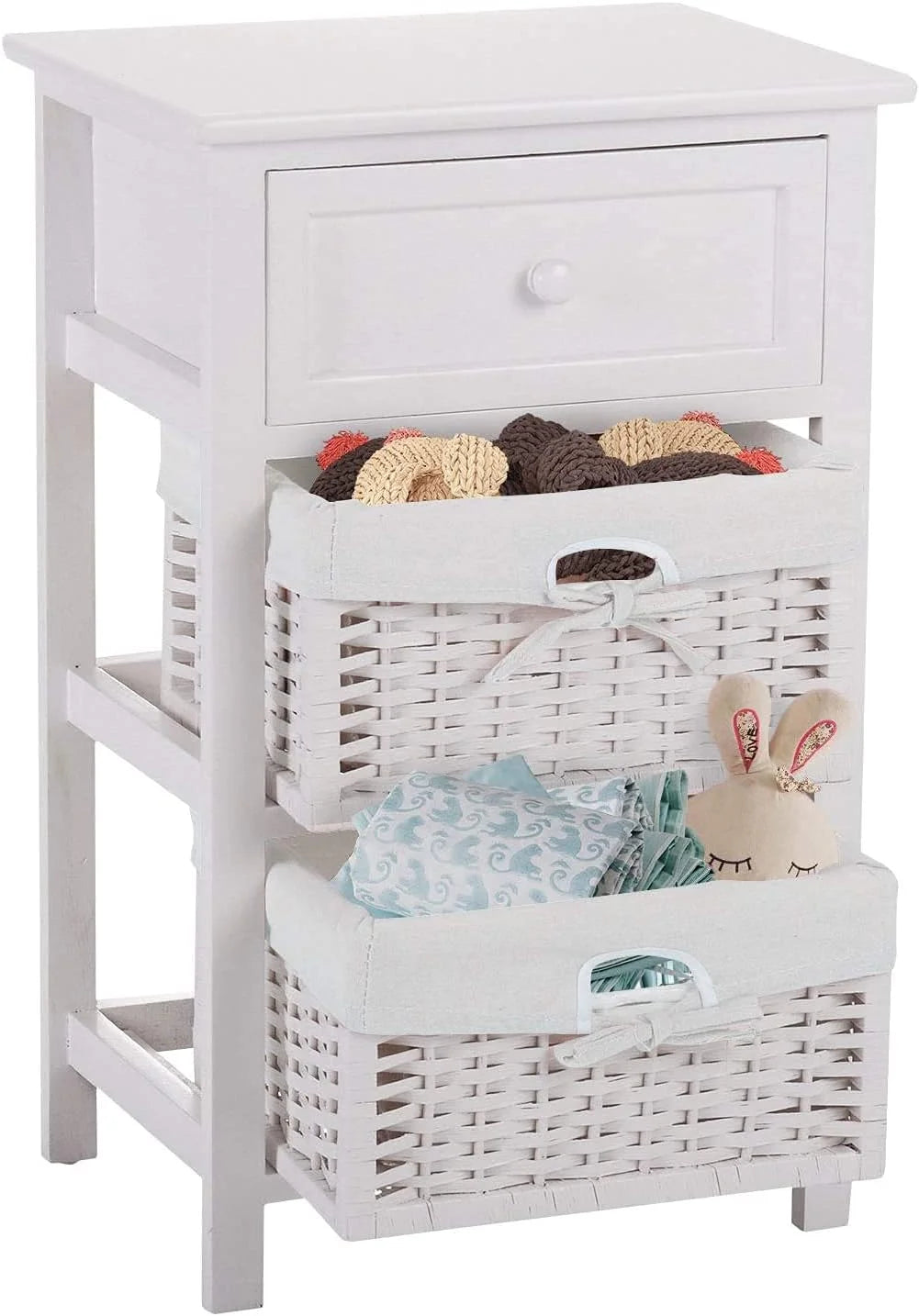 White 3 Tiers Nightstand with One Drawer 2 Baskets N354104