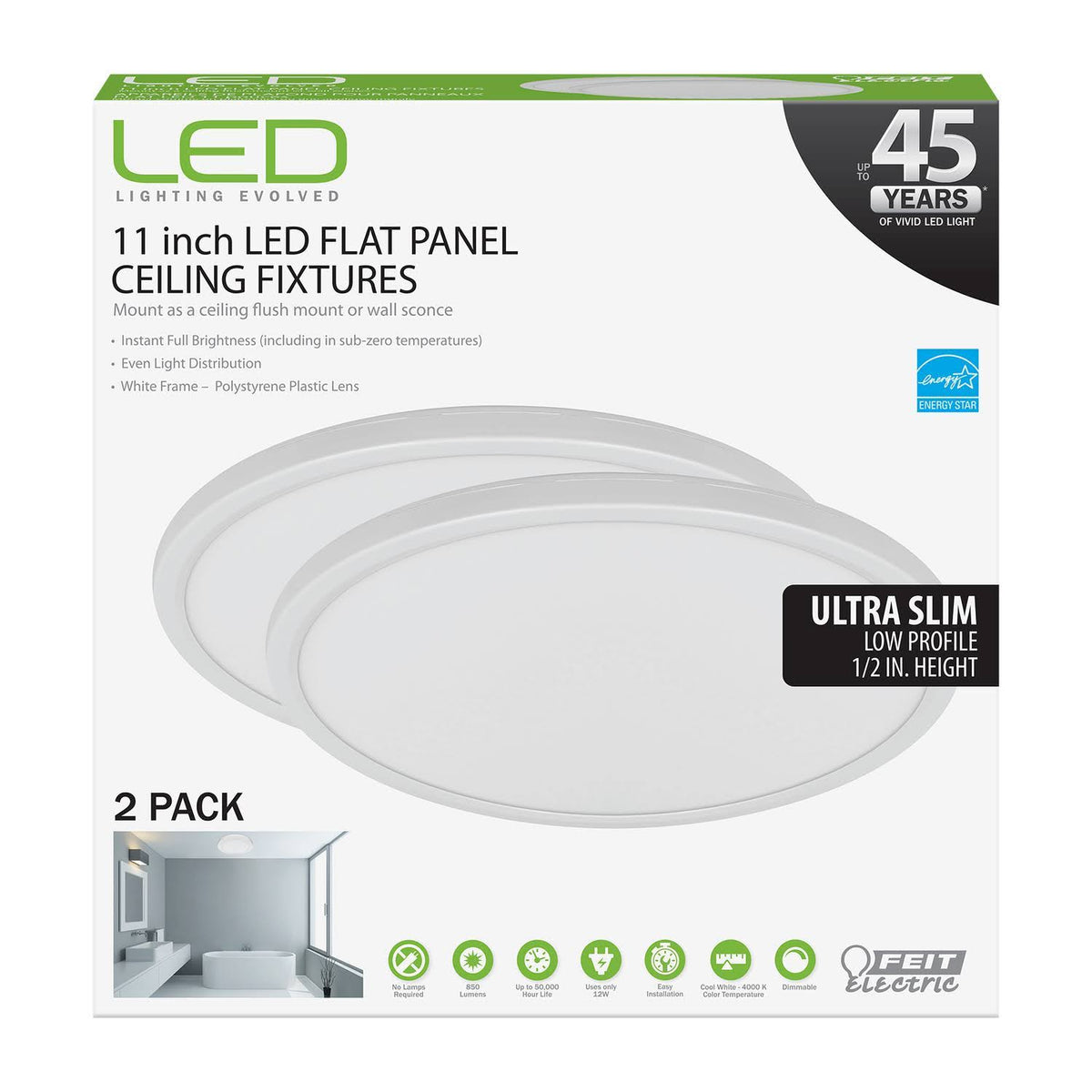 LED Flat Panel Ceiling Fixtures 12 Watts 2 Pack L323