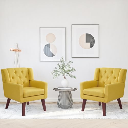 Beige Set of 2 Linen Fabric Button-Tufted Accent Chair G409777