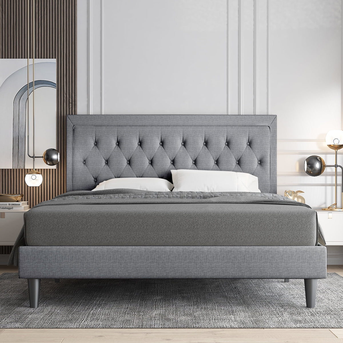 Queen Size Upholstered Platform Bed with Adjustable Headboard H545