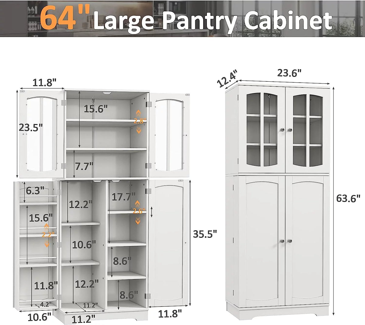 White Wood Kitchen Pantry Storage Cabinet with Doors and Shelves Q753831