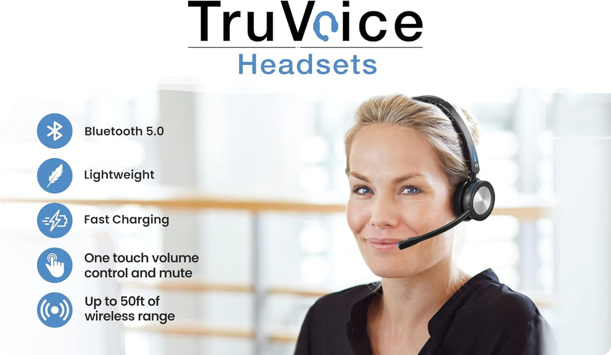 Wireless Bluetooth Headset with Noise Canceling Microphone, HD Speakers and Separate Charging Base, Pack of 2 A797799