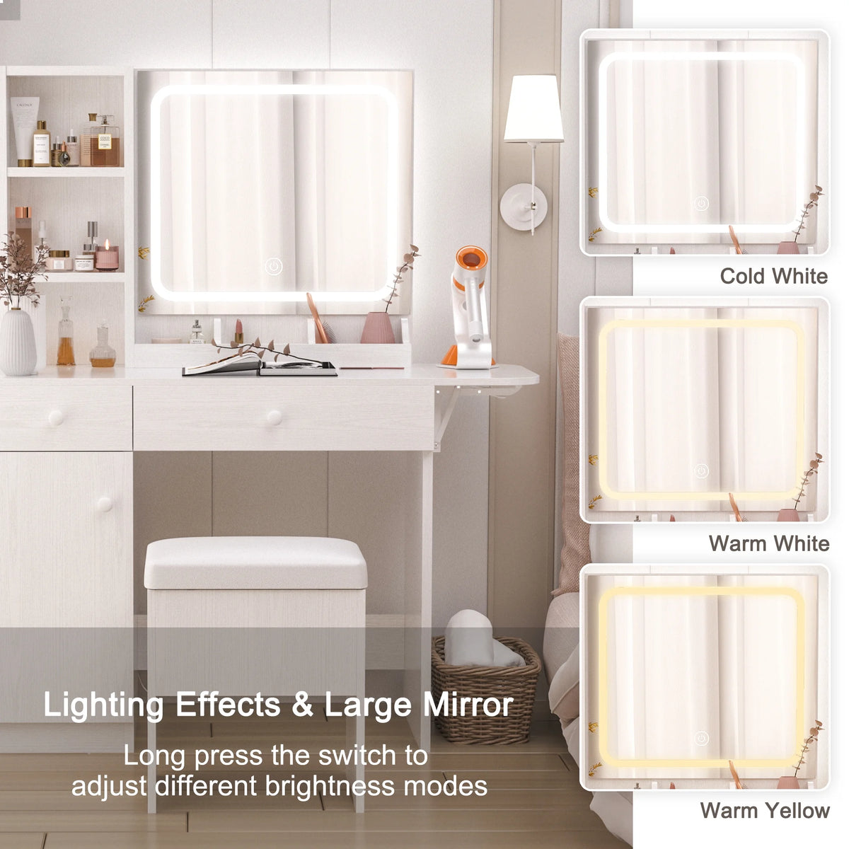 White Vanity Desk with Lighted Mirror and Storage Stool E917355