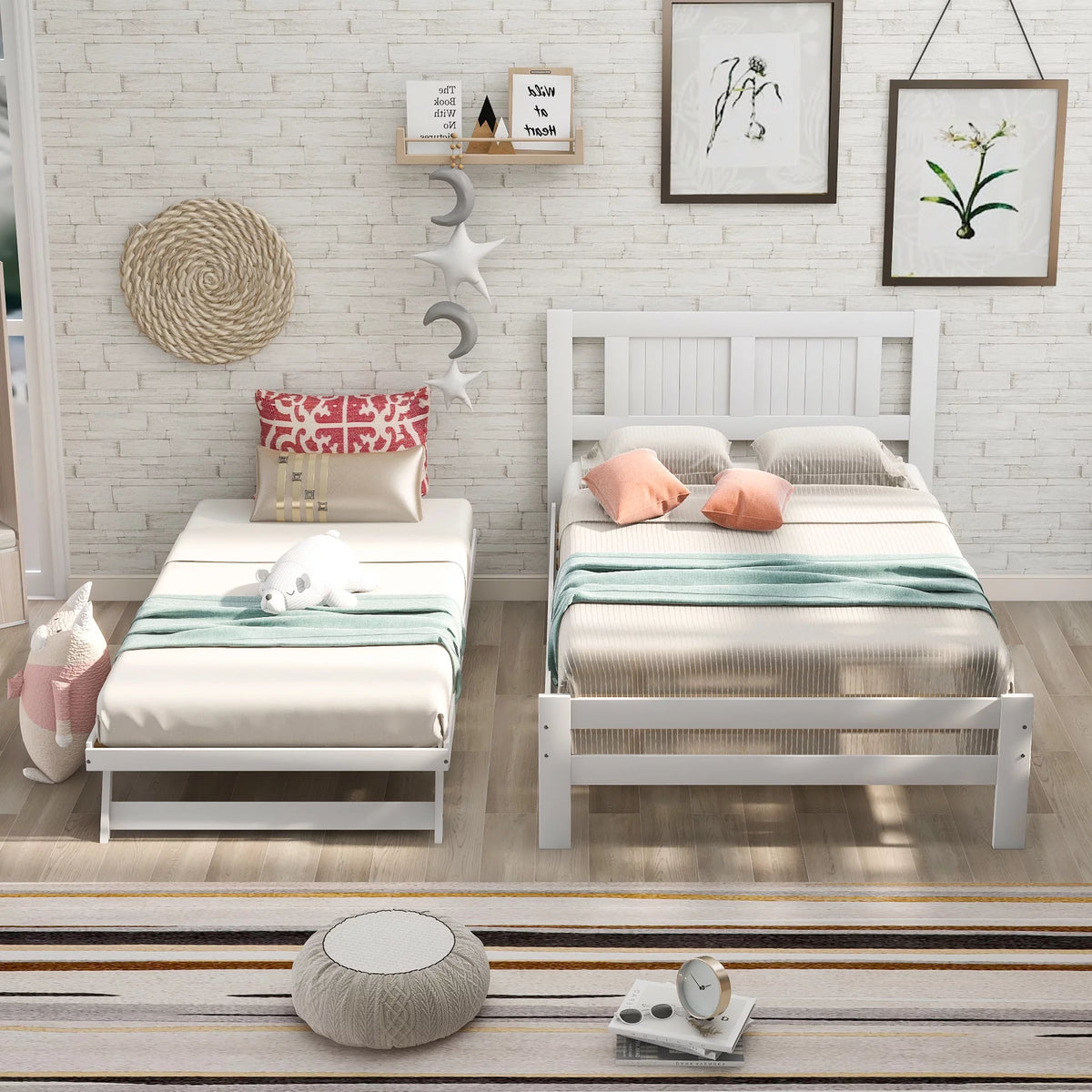 Platform Bed with Adjustable Trundle, Solid Wood, Headboard C5747