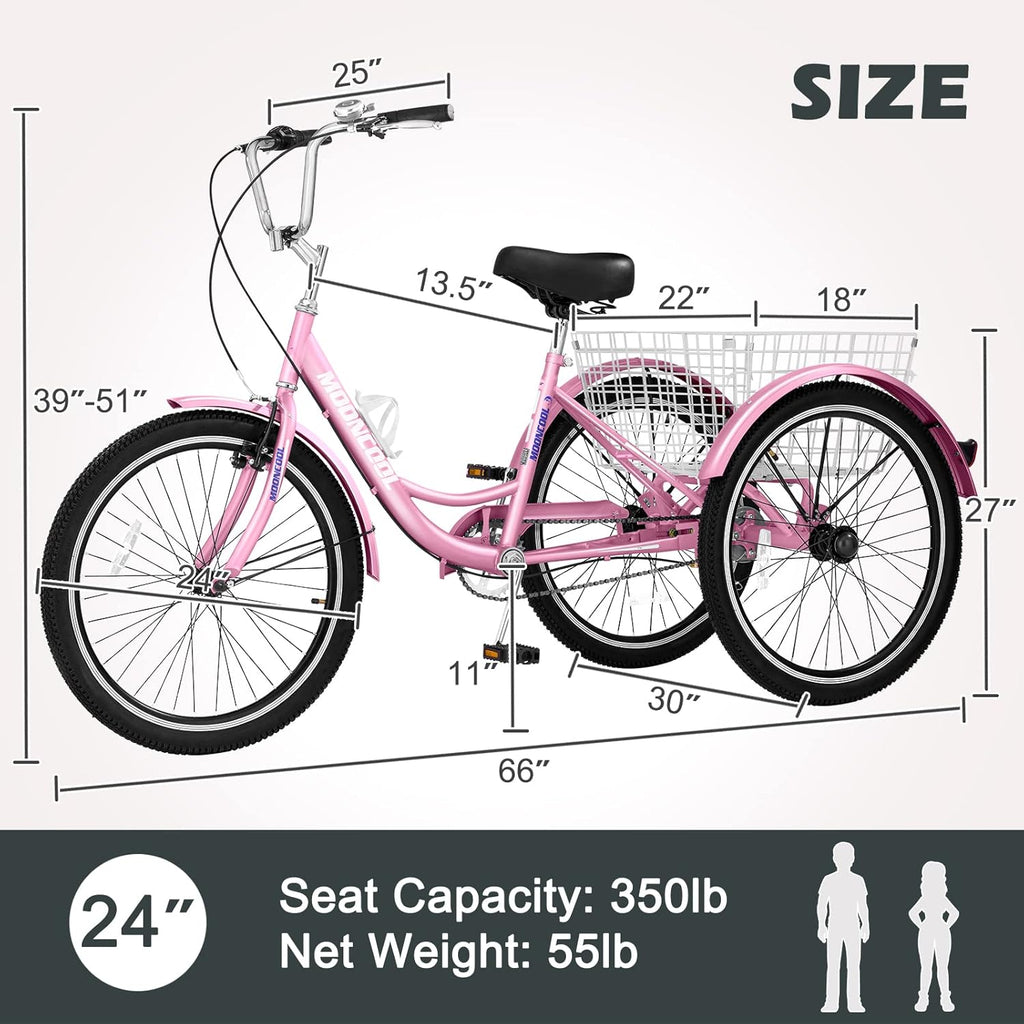 24 Inch Single Speed 3 Wheel Bicycle with Shopping Basket D875729
