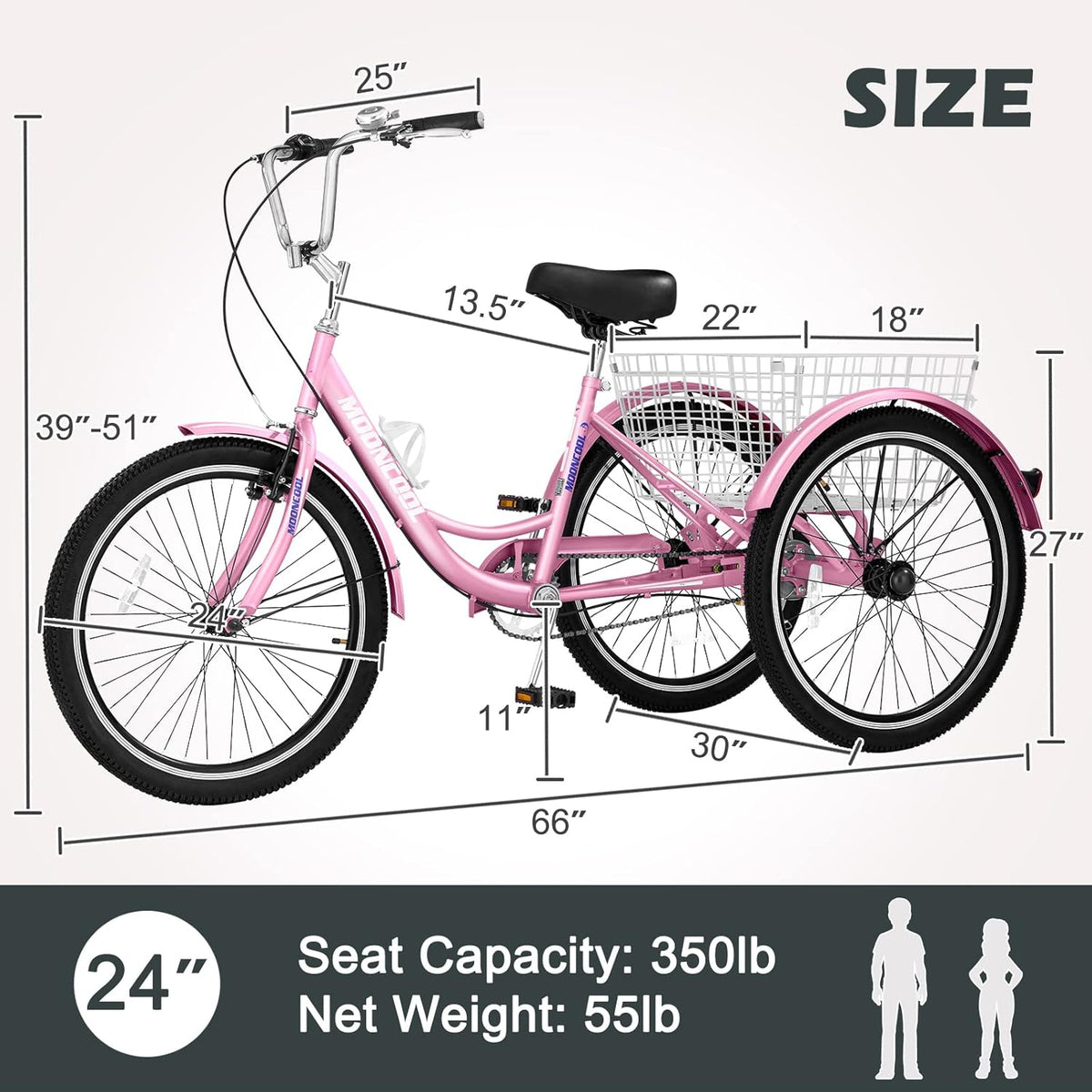 24 Inch Single Speed 3 Wheel Bicycle with Shopping Basket D875729