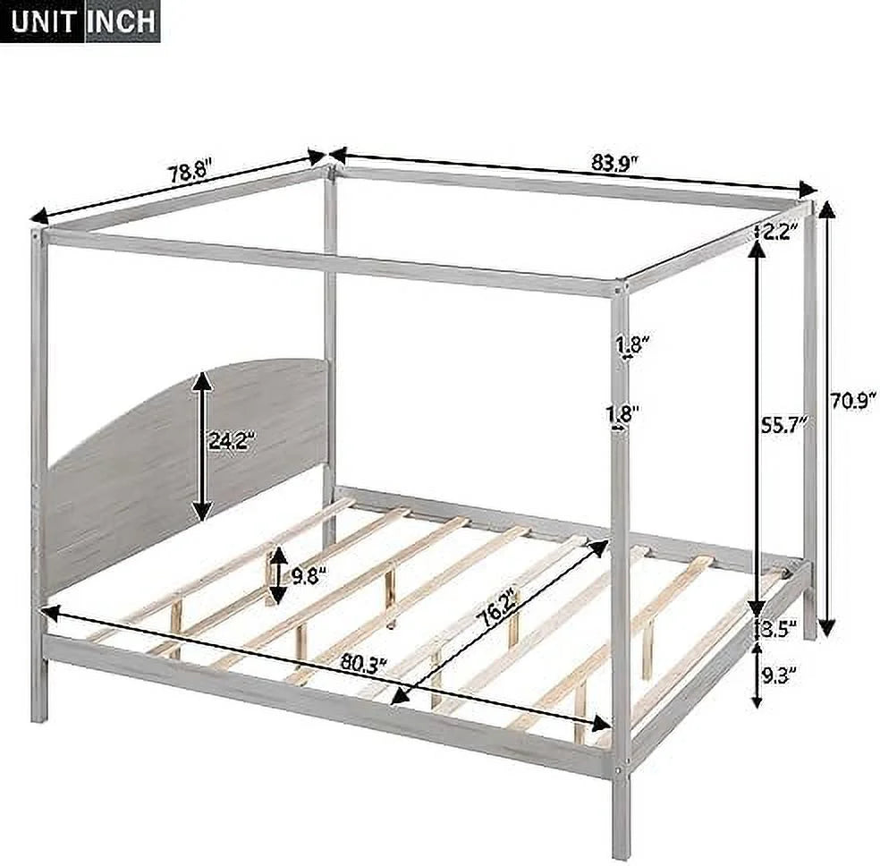 White Queen Size 4-Poster Wood Canopy Bed Frame with Headboard U704469
