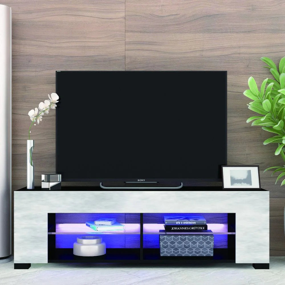 Black 57 Inch TV Stand with LED Lights and Glass Shelves L98453