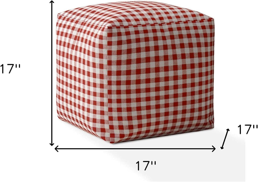 Red and White Cotton Gingham Pouf Ottoman A2785