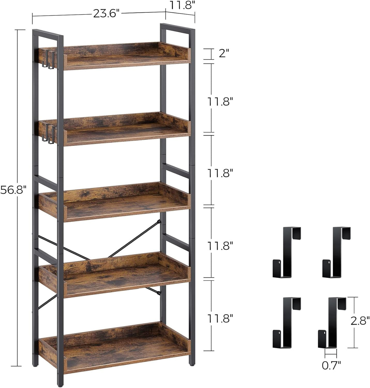 5 Tier Wood Bookshelf with 4 Hooks M372732