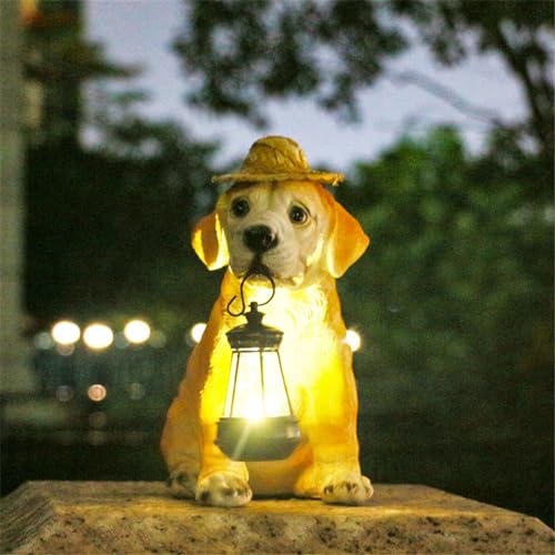 Resin Dog Statues with Straw Hat and Solar Led Lantern Q19478