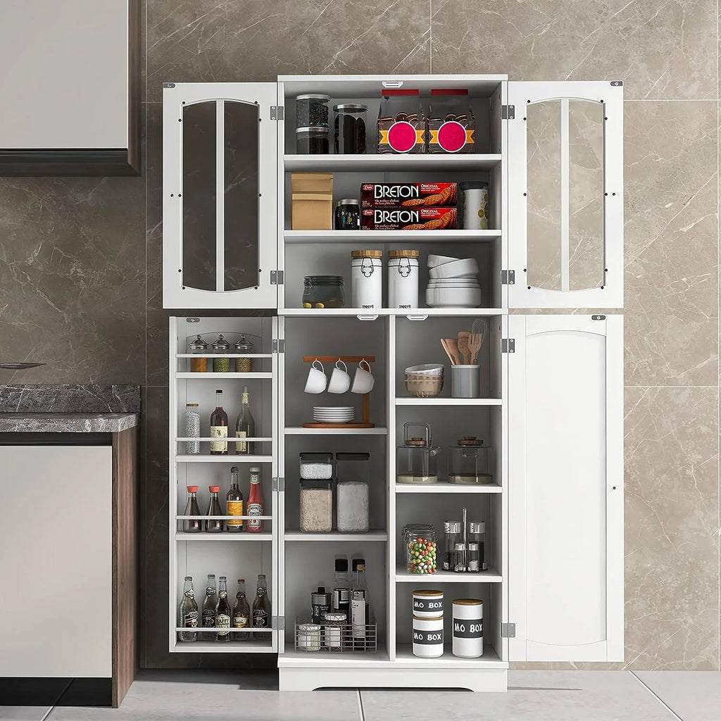 White Wood Kitchen Pantry Storage Cabinet with Doors and Shelves Q753831