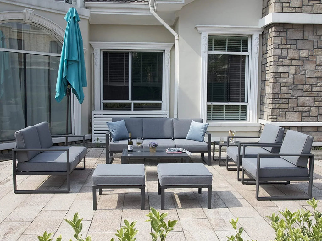 Grey 8 Piece Aluminum Outdoor Sectional Sofa with Ottomans and Coffee Table G756
