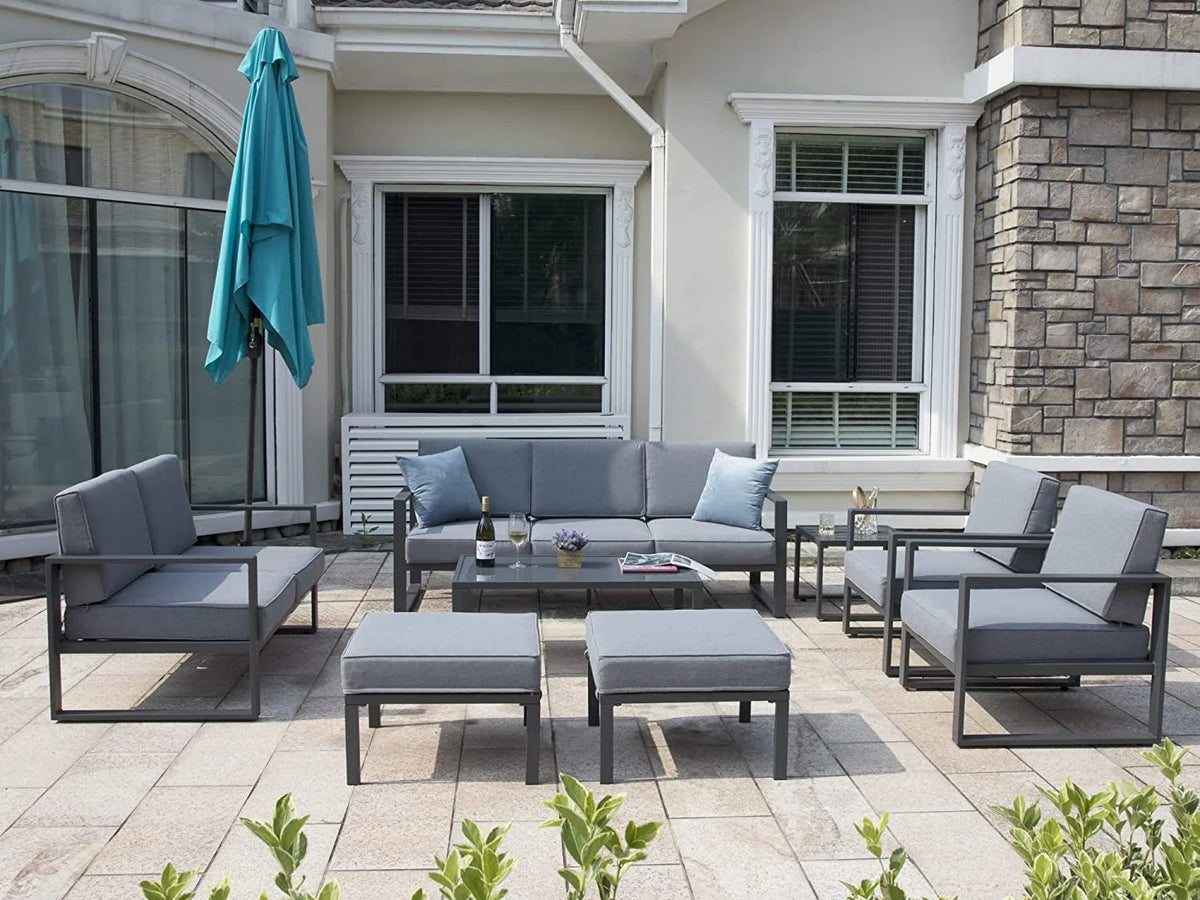 Grey 8 Piece Aluminum Outdoor Sectional Sofa with Ottomans and Coffee Table G756