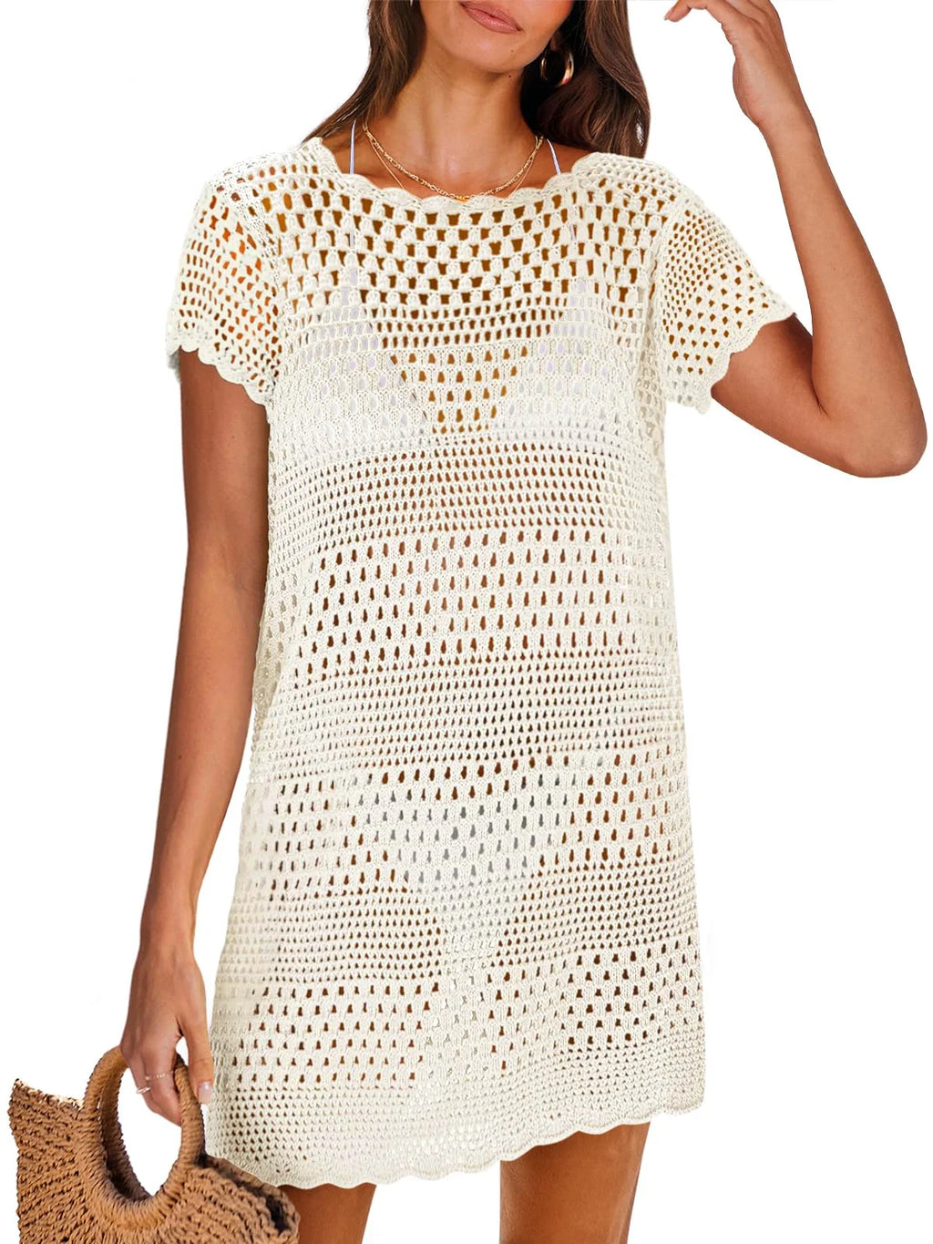 Crochet Hollow Out Knit Short Sleeve Beach Dress I5639