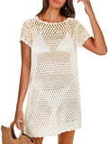 Crochet Hollow Out Knit Short Sleeve Beach Dress I5639