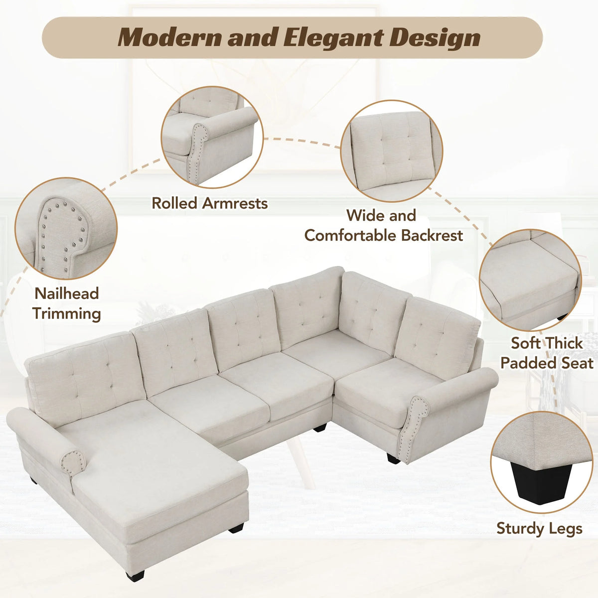 Beige U-Shaped Sectional Sofa F945251