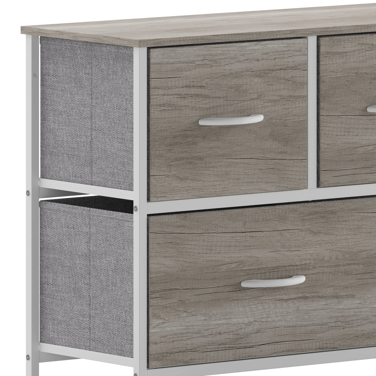 5 Drawer Storage Dresser with White Cast Iron Frame and Light Natural Wood Top D9239