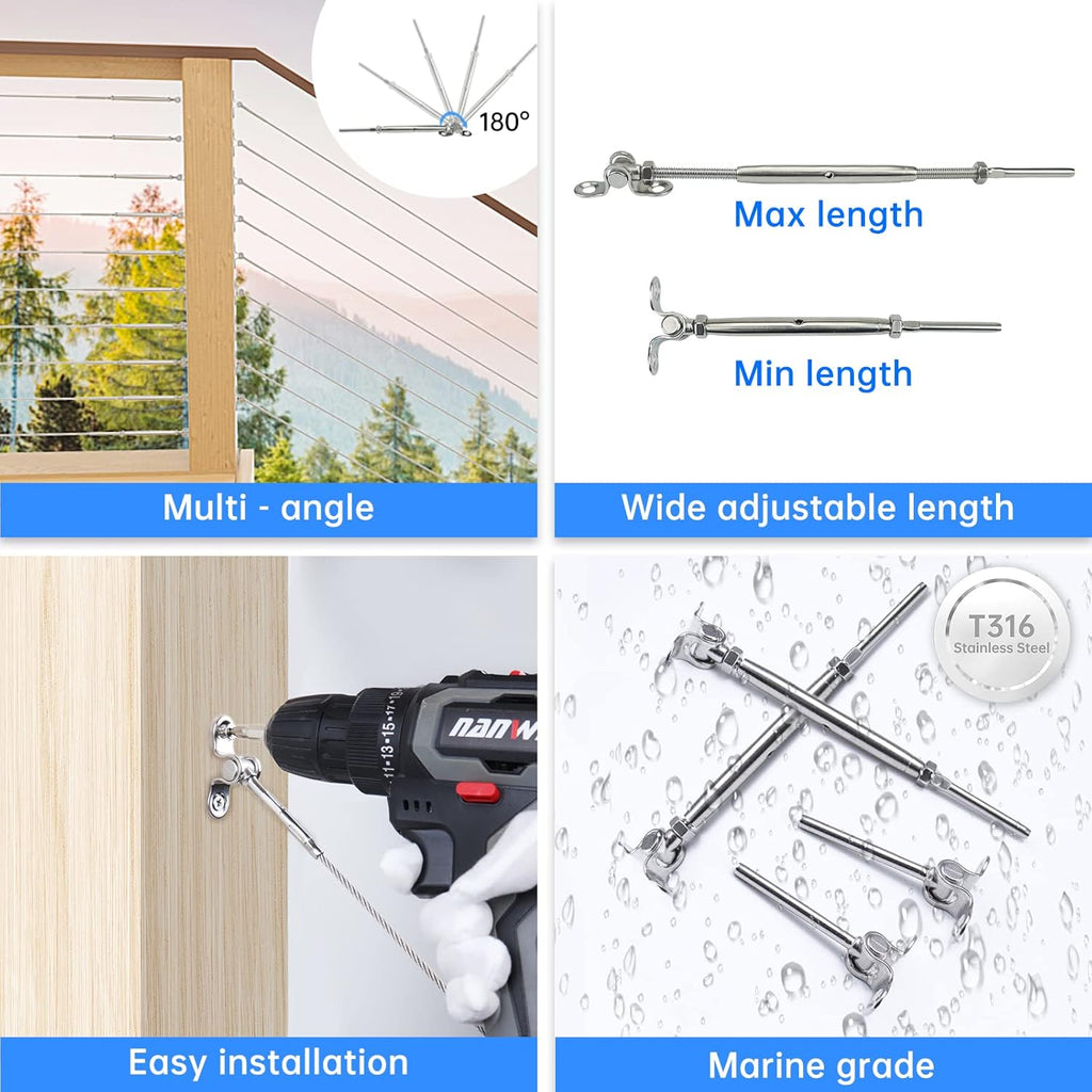 20 Set Cable Railing Kit 1/8 Swage Toggle Turnbuckle Hardware T316 Stainless Steel Angle 180° Adjustable N6351