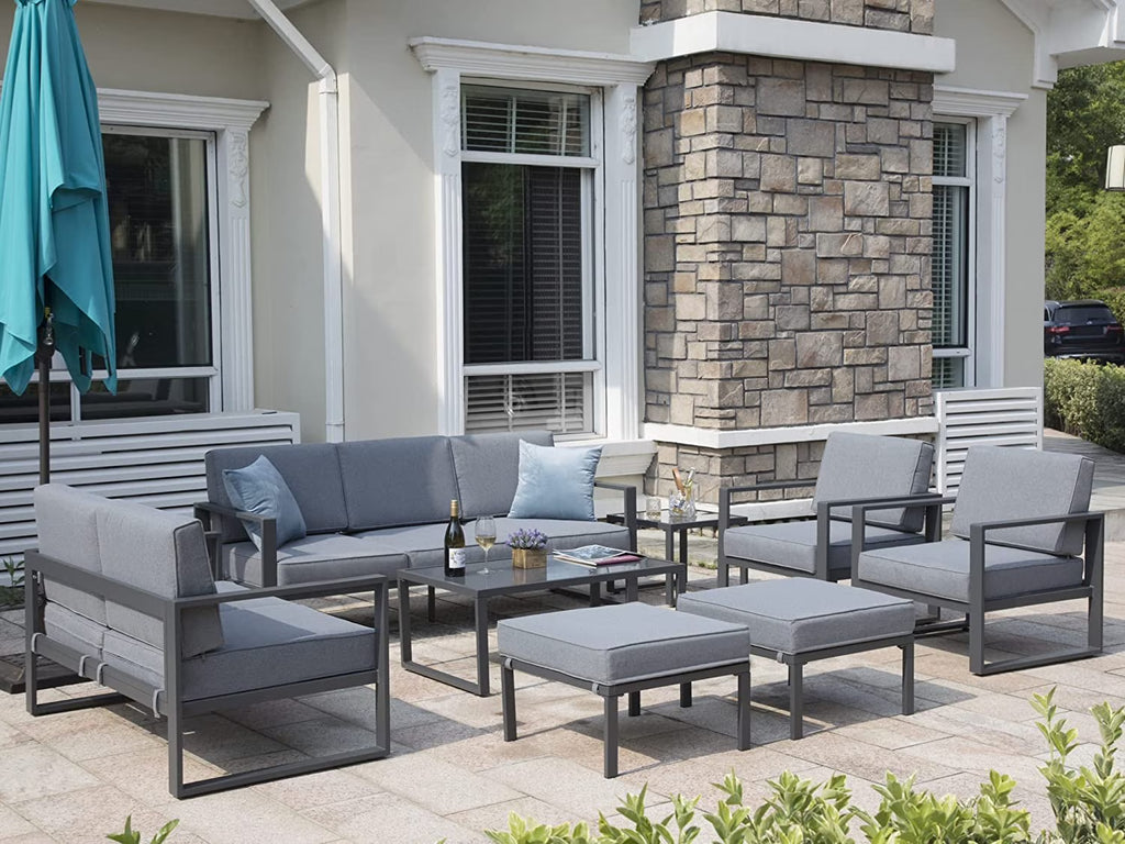 Grey 8 Piece Aluminum Outdoor Sectional Sofa with Ottomans and Coffee Table G756