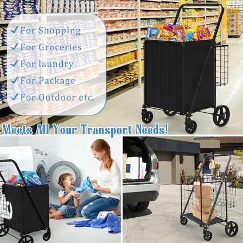 Heavy Duty Folding Shopping Cart with Double Basket, 360° Swivel Wheels, Waterproof Bag S115