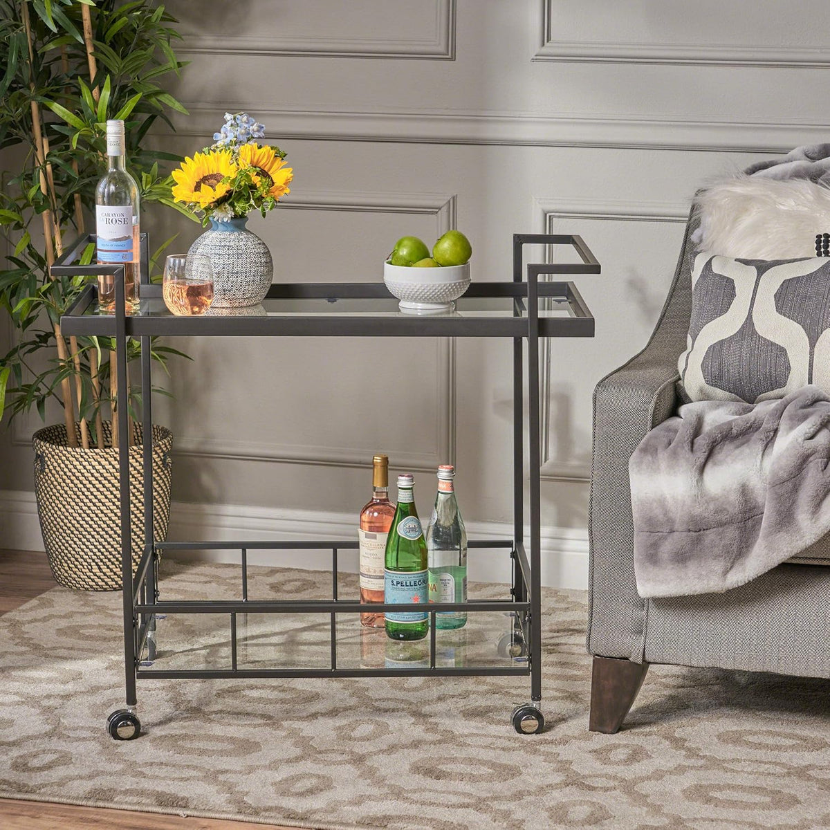 Black Industrial Iron Bar Cart with Tempered Glass Shelves W75057