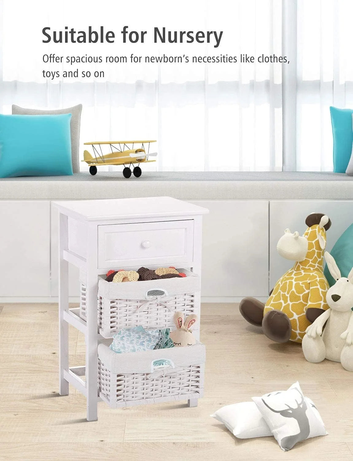 White 3 Tiers Nightstand with One Drawer 2 Baskets N354104