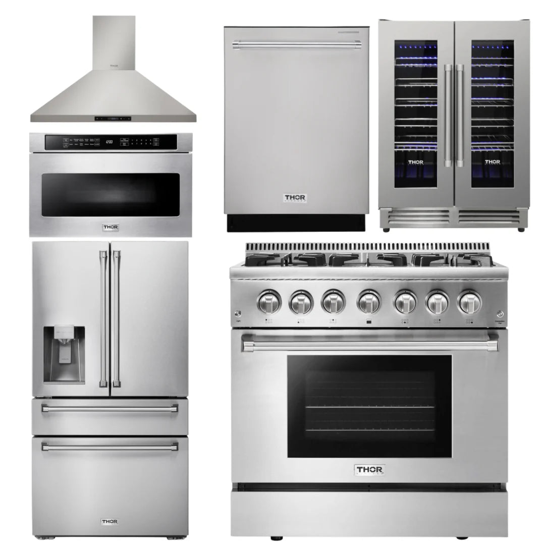 36 Propane Dual Fuel Range, Range Hood, Microwave, Refrigerator, Dishwasher, Wine Cooler E531