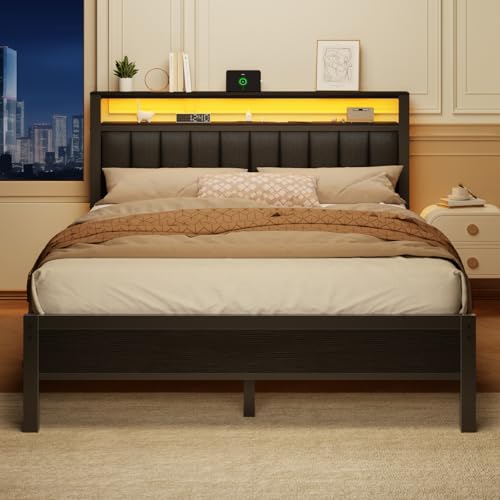 Full Size Bed Frame with Charging Station and LED Lights T877964