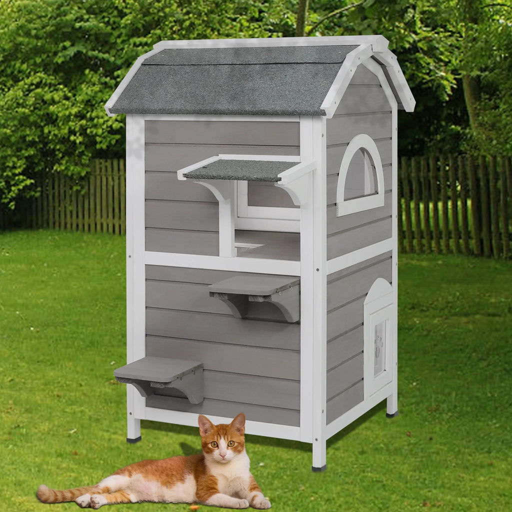 Weatherproof Two Story Wooden Outdoor Cat House R429