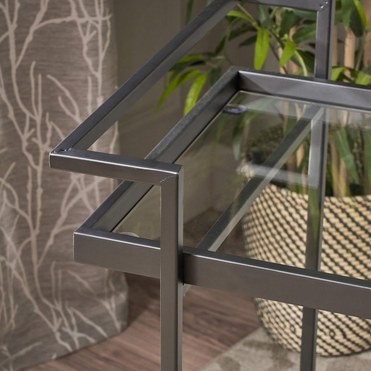 Black Industrial Iron Bar Cart with Tempered Glass Shelves W75057