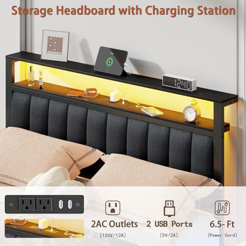 Full Size Bed Frame with Charging Station and LED Lights T877964
