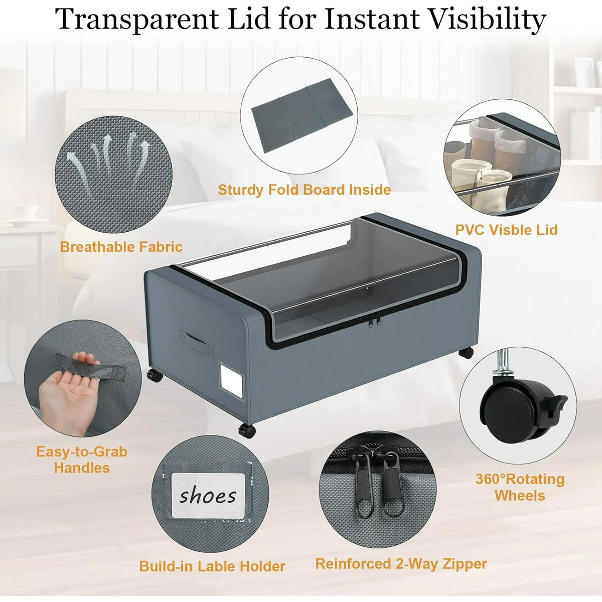 12 inch Under Bed Storage Bins with Clear Lid, Wheels, 2 Pack, Grey, 30.7x17.3x12 C2884