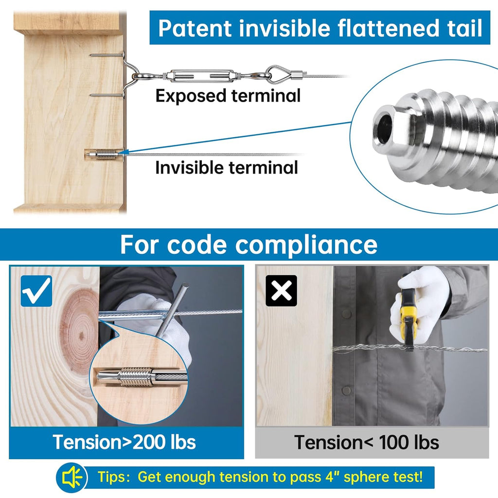 20Pack 1/8" Invisible Cable Railing Kit T316 Stainless Steel for Wood Posts Deck Stairs R3074