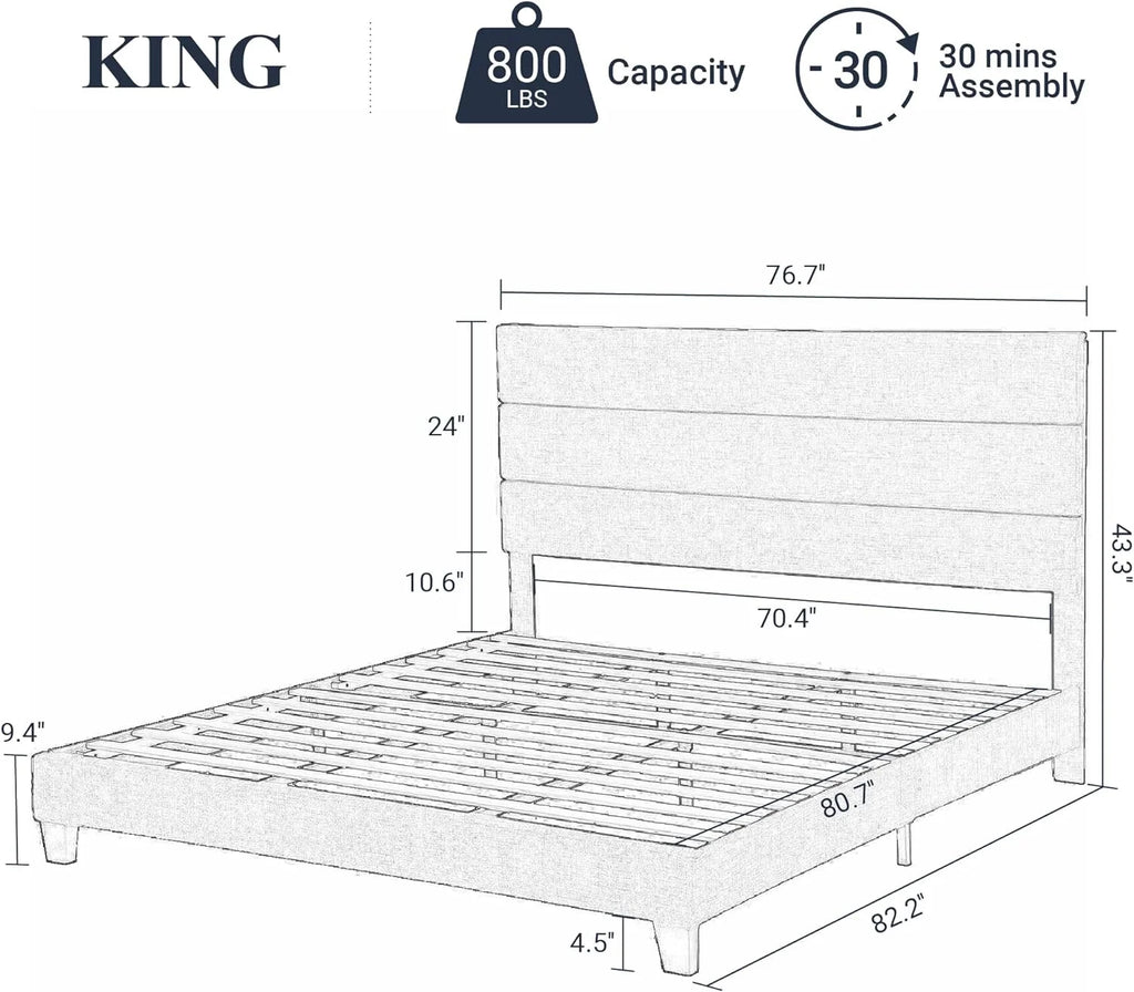 King Fabric Upholstered Platform Bed Frame with Wooden Slats S771