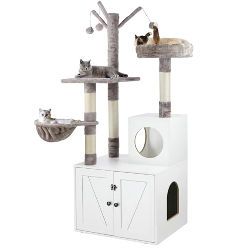 2-in-1 Wooden Cat Tree Tower with Litter Box Enclosure P48294