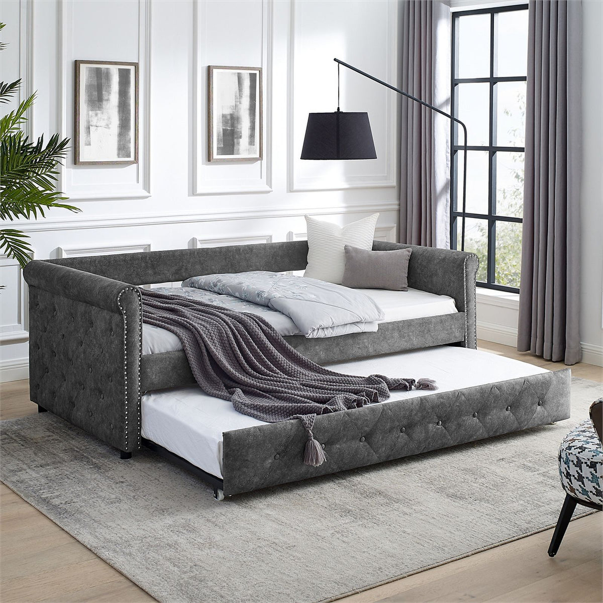 Gray Upholstered Tufted Sofa Bed With Rollers K980