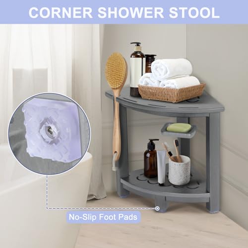 Black HDPE Corner Shower Stool with Storage Shelf and Adjustable Feet H77057