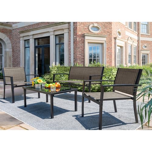 4 Pieces Patio Furniture Set with Glass Coffee Table D748812