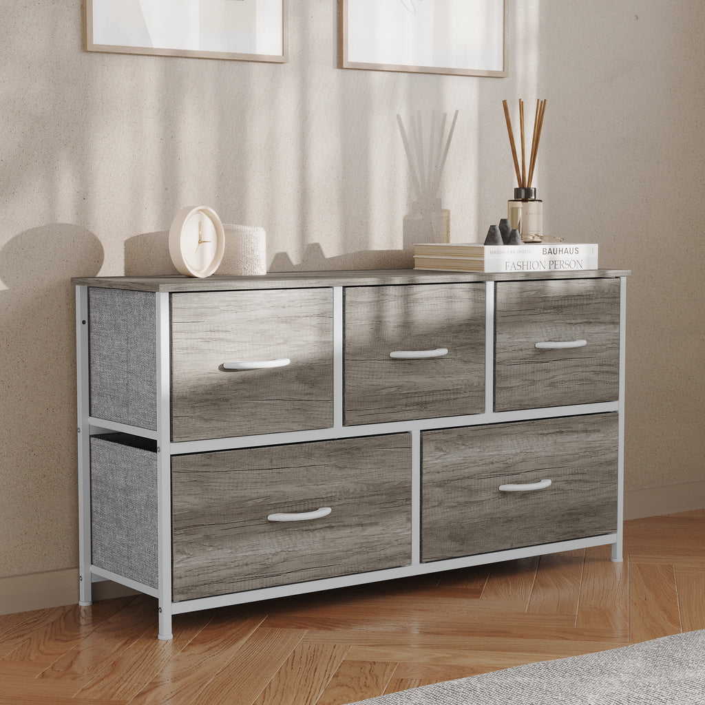 5 Drawer Storage Dresser with White Cast Iron Frame and Light Natural Wood Top D9239